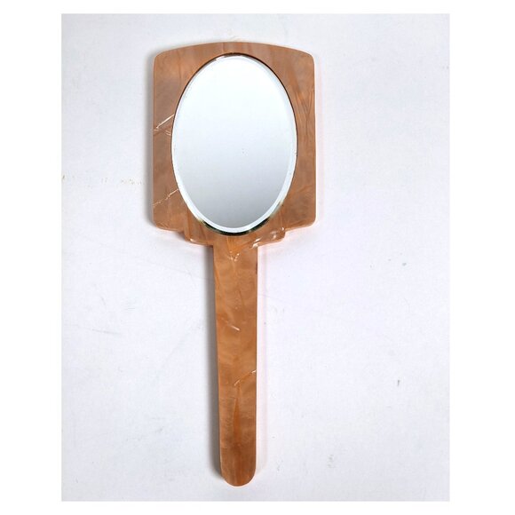 Vintage Art Deco Pearlized Bakelite Hand Held  Mirror 10”Inlayed Floral Motif - Picture 4 of 5